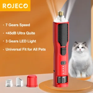 ROJECO Pet Electric Nail Grinder Rechargeable Dog Paw Grooming Nail Clipper LED Light 7 Speeds Adjustable Cat Claw Nail Grinder